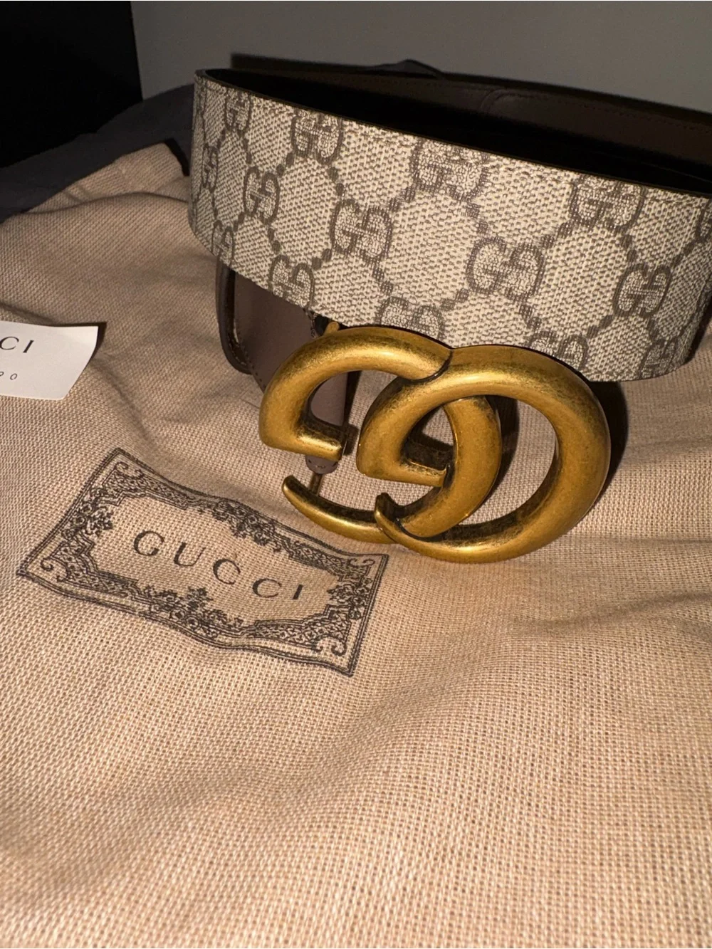 Gucci Beige GG Supreme Canvas Leather Belt with Gold Double G Buckle